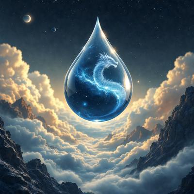 Primary subject: A blue dragon-shaped tear drop.

Setting/background: A cloudy sky with a backdrop of mountains.

Visual style: Digital art.

Colors and mood: The dominant colors are blue and white, with a slightly melancholic atmosphere.